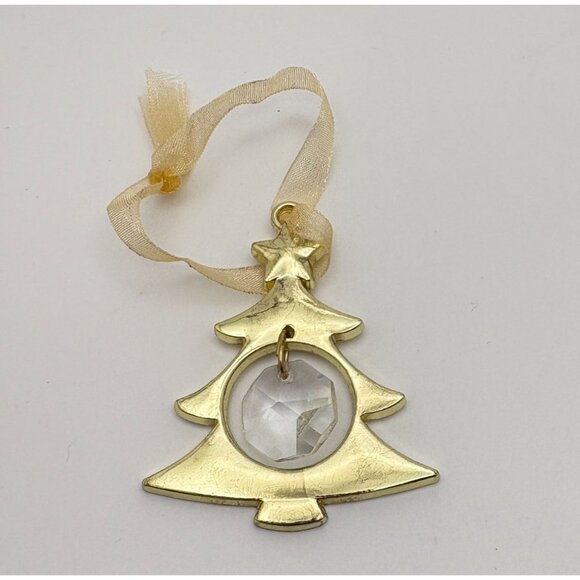 Vintage Gold Tone Christmas Tree Ornament With Faux Crystal Dangling Center - Picture 5 of 6